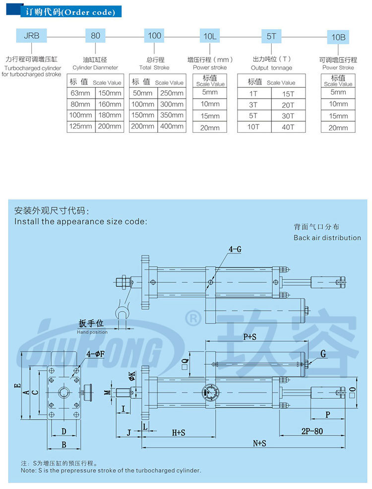 力行程可調(diào)氣液增壓缸訂購(gòu)代碼及安裝尺寸說明