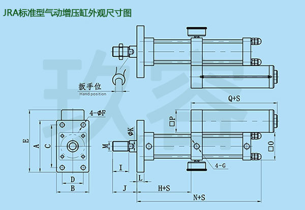 JRA標準型氣動增壓缸外觀尺寸圖